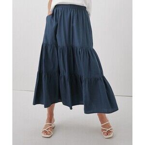 Pact Skirt Sunset Light Gauze Tiered Midi Organic Cotton French Navy Medium